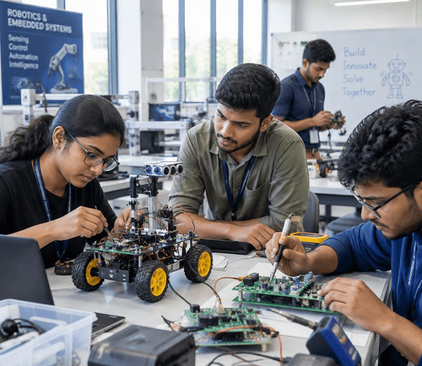 Engineering students building a robot together in a laboratory