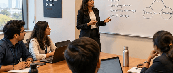 Management students discussing a presentation in a classroom