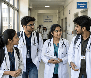Medical students in white coats talking in a hospital corridor